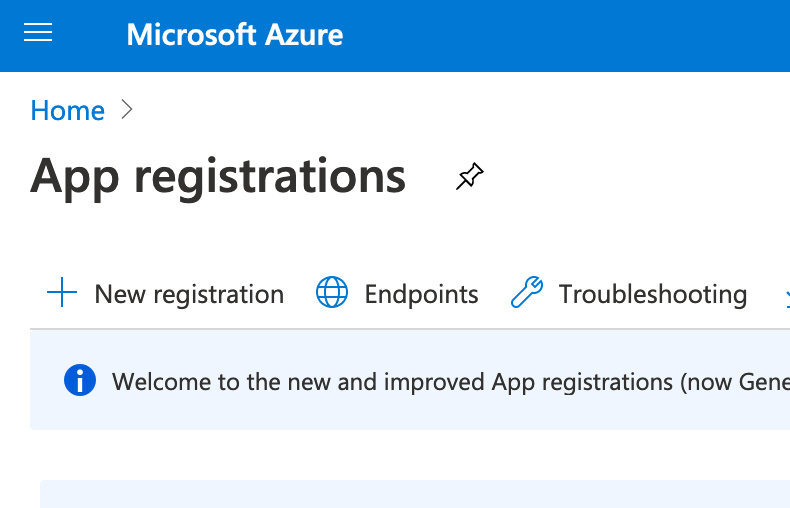 Azure portal app registration page